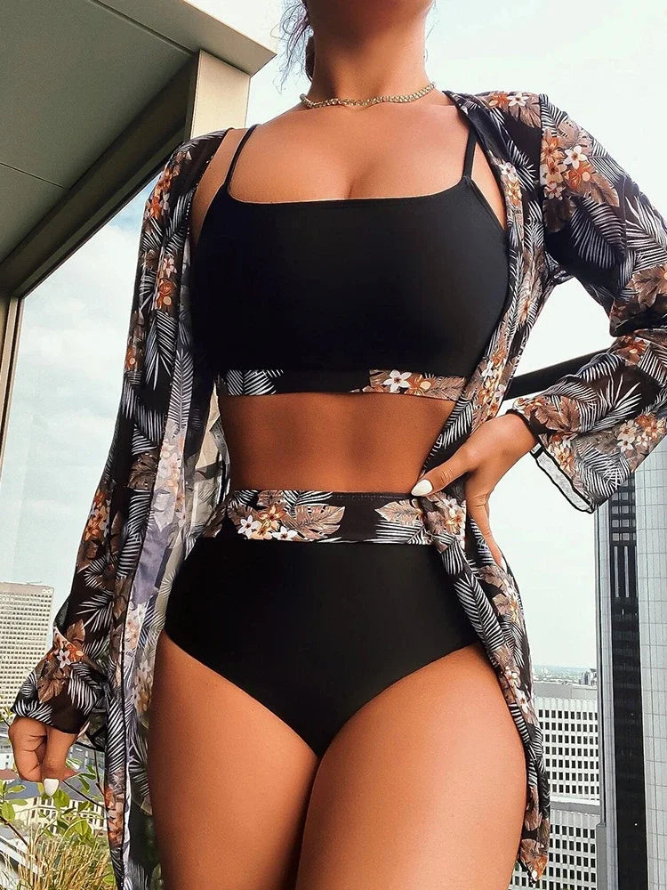 New 3 Pieces Set High Waist Bikini Women Swimsuit&Kimono Bandeau Swimwear Sexy Cover Ups Floral Beachwear Bathing Suit black
