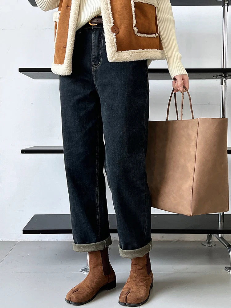 Winter Winter Thick Warm Jeans For Women Solid High Waist Straight Denim Pants Vintage Female Clothing