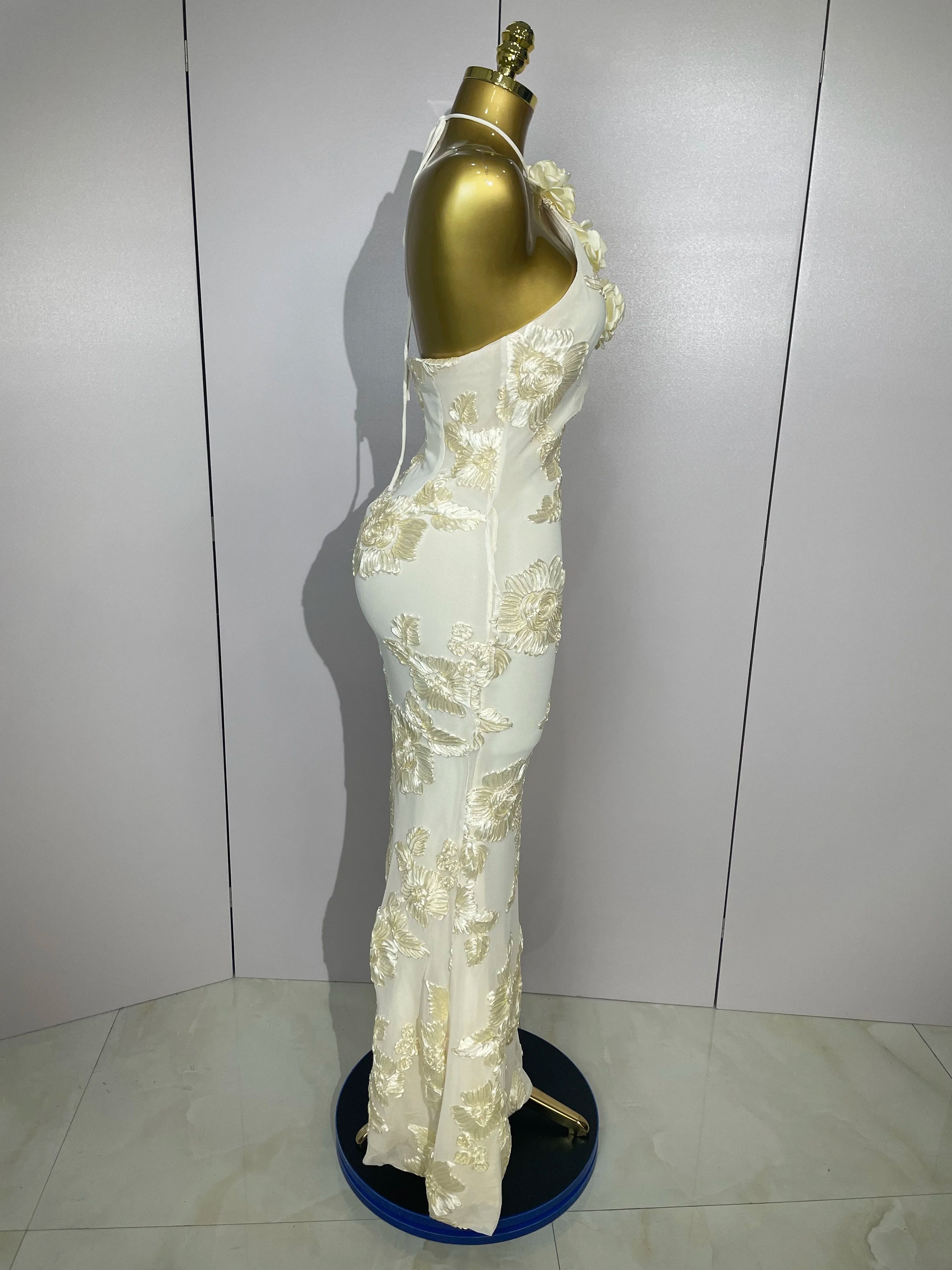 2025 New Sexy Halter High Waist Slim Embroidery Floral Long Dress Women Celebrate Evening Party Prom Fashion Cocktail Outfit