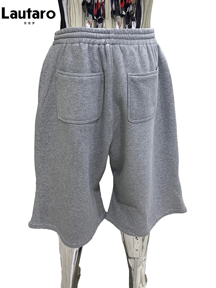 Lautaro Summer Autumn Loose Casual Soft Grey Wide Leg Shorts for Men Drawstring Elastic Waist Knee Length Sweatpants Pants 2025