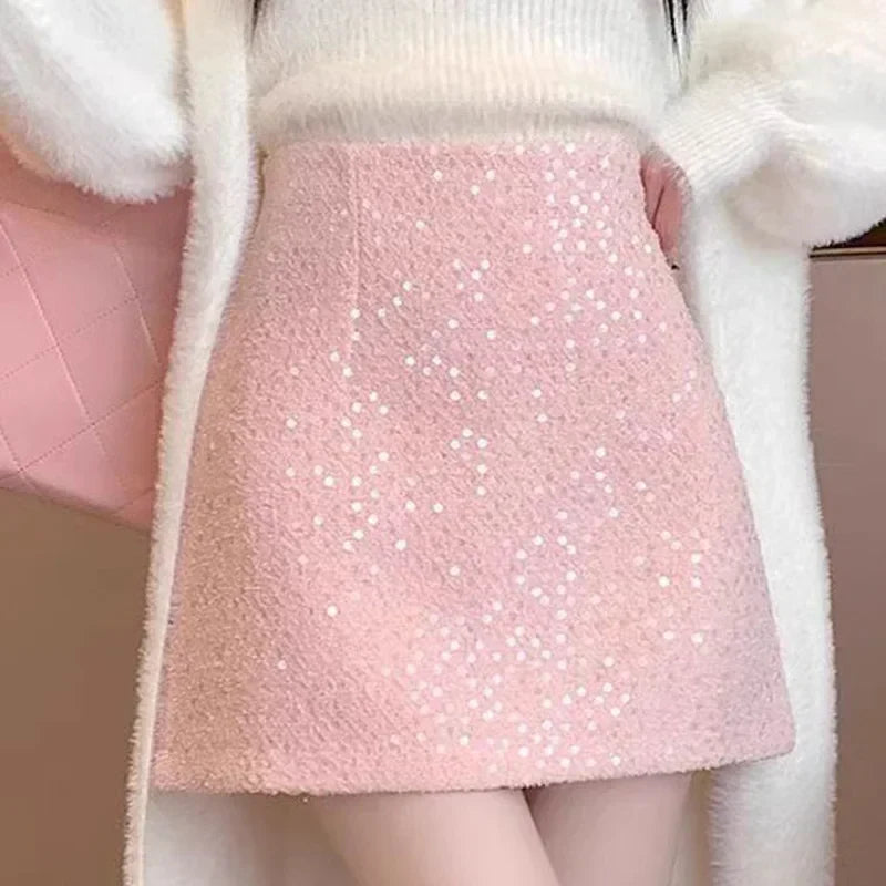 ABRINI Women Office High Waist A-line Tweed Skirt Party Mini Slim Skirt Chic Shiny Slim Skirts For Women Spring Summer