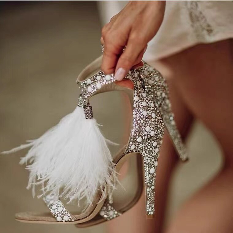 Rhinestone Feather Tassel High Heels Crystal Shoes Sandals Women&#39s Stiletto Sexy Wedding Bridal Shoes Wedding Shoes Sandal