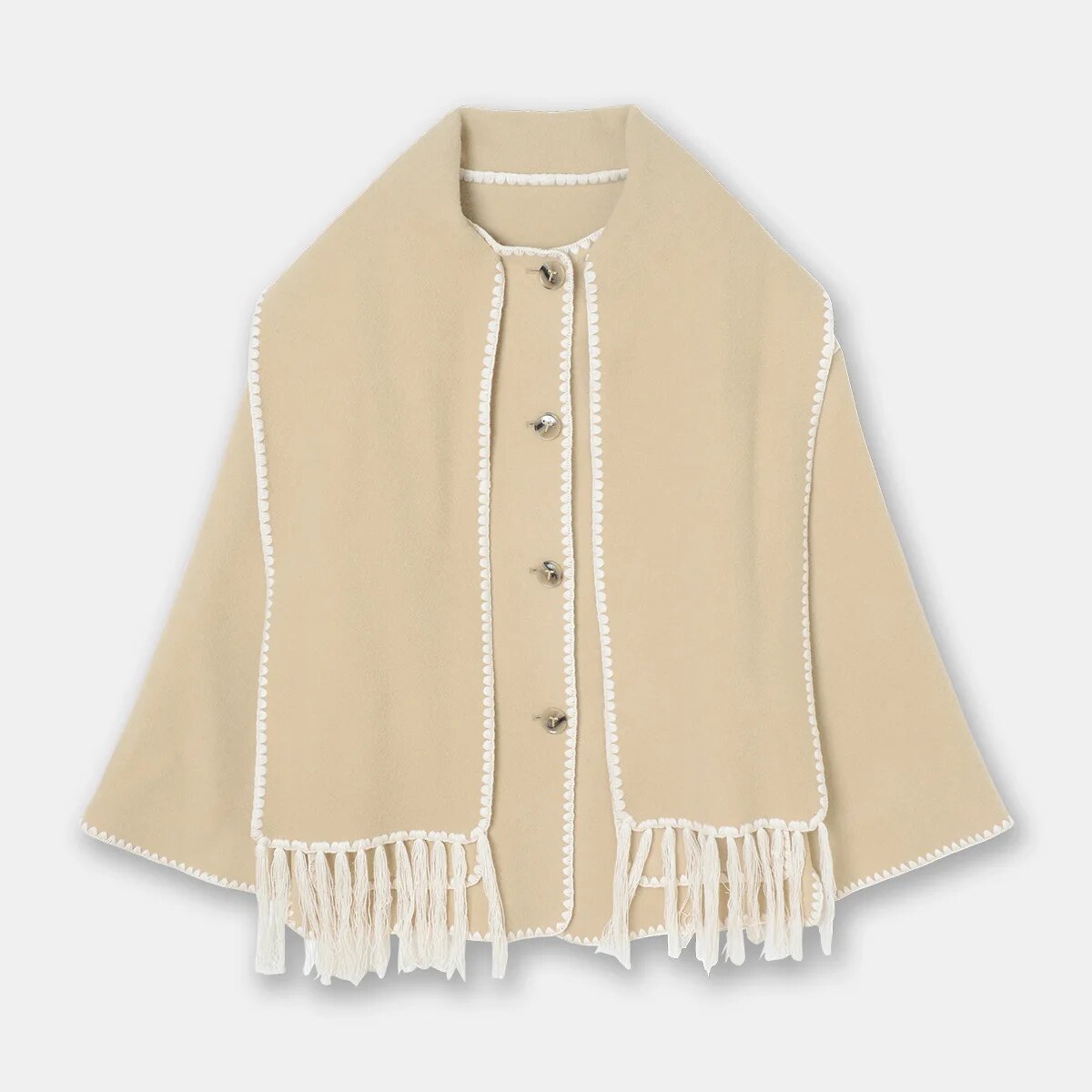 Women Woolen Coats with Tassel Scarf Autumn Winter Long Sleeve Single Breasted Warm Jackets Embroidery Pocket High Street Tops champagne