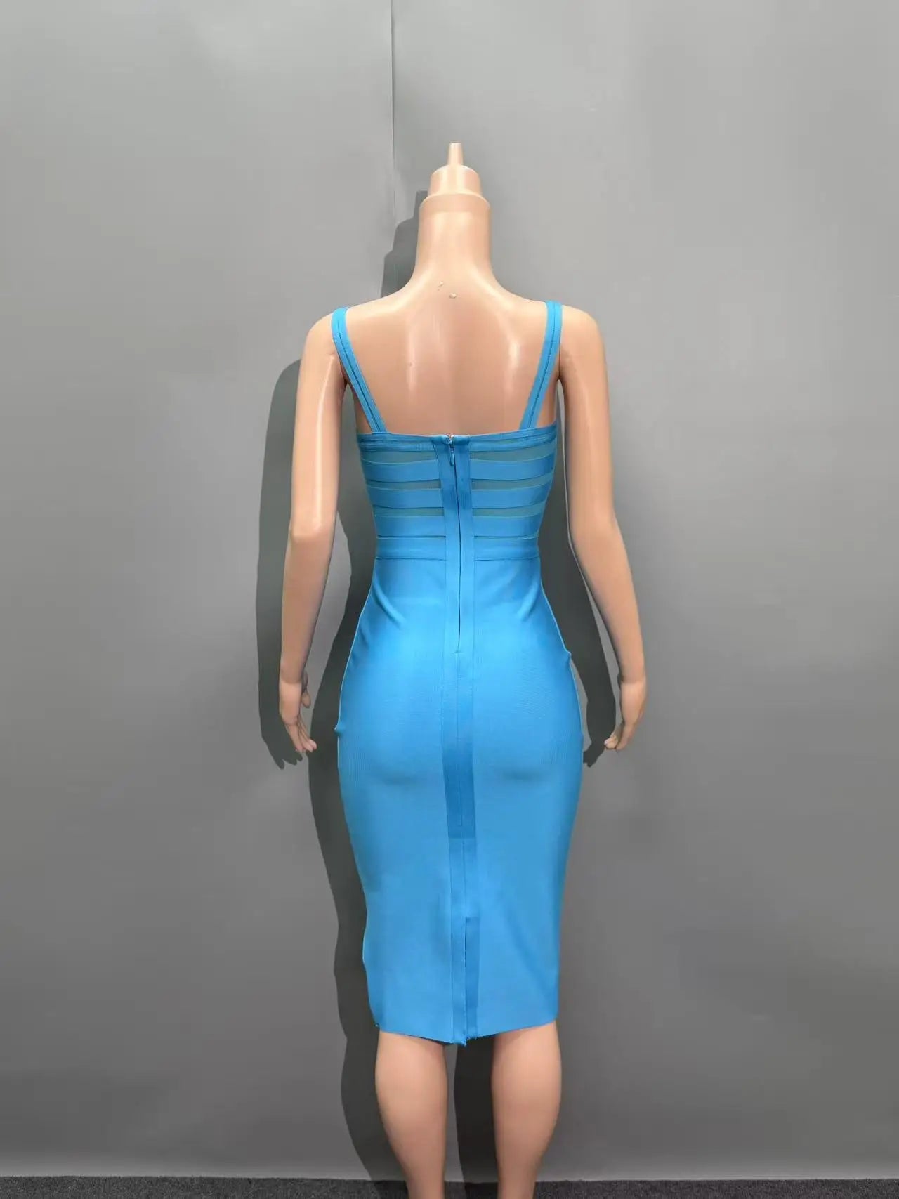 Skyblue Color Women Sleeveless Sexy Strap V-Neck Mesh Bodycon Mini Bandage Dress Nightclub Party Celebrate Evening Outfit
