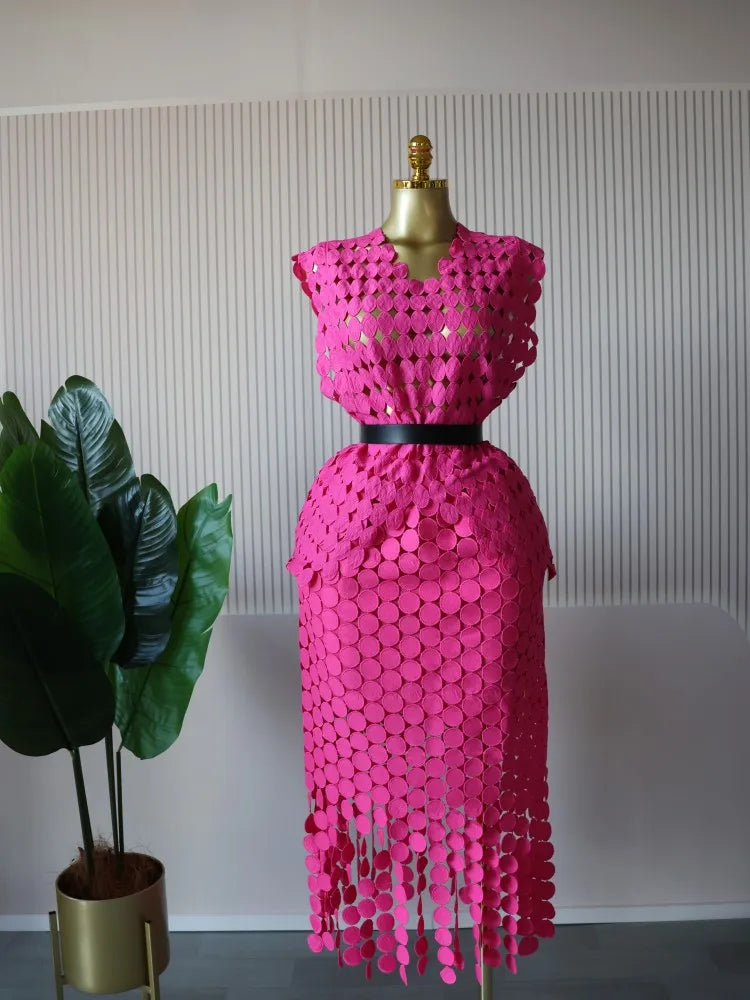 CM.YAYA Women Cutout O-neck Crop Top and Bodycon Midi Slim Maxi Long Skirt Suit 2025 Summer Vacation Sexy Two 2Piece Set Outfits