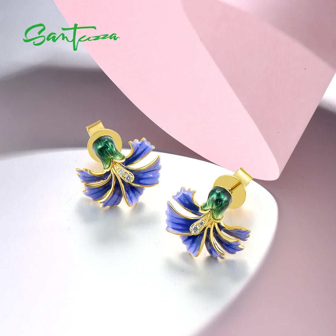 SANTUZZA Real 925 Sterling Silver Earrings For Women White CZ Blue Enamel Floral Elegant Wedding Engagement Gift Fine Jewelry