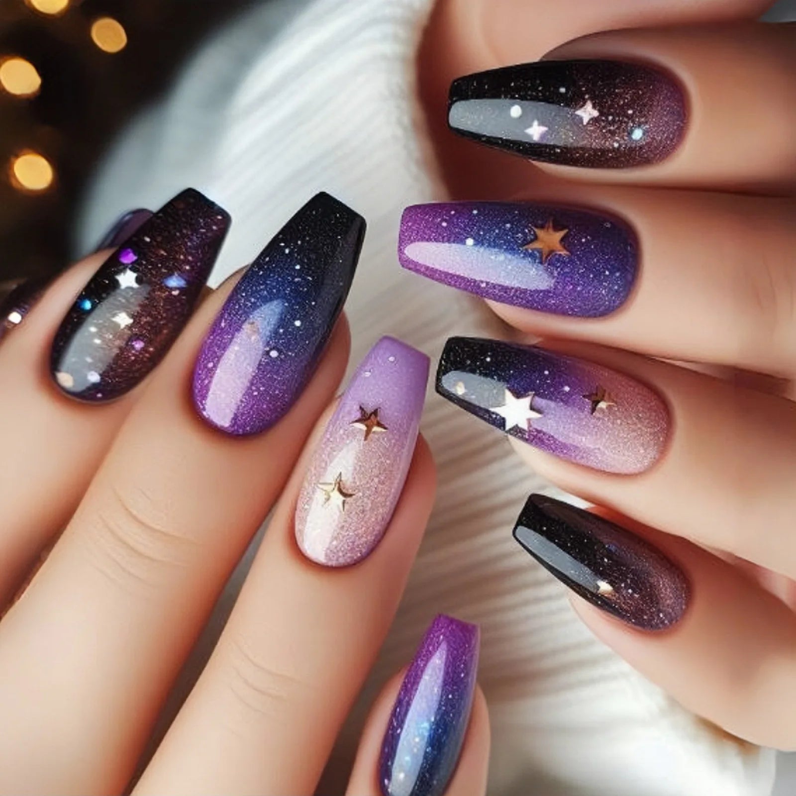 24pcs/set medium long fake nails square ballet nail tips glitters starry sky moon star feather design press on false nail art 1826