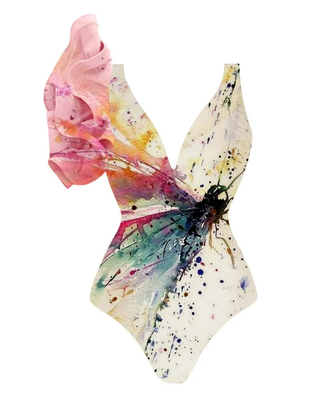 Splash-ink Art One Shoulder Ruffle Swimsuit Luxury Bikini V-neck Cut Out Surfing Swimwear Women Designer Bathing Suit swimsuit