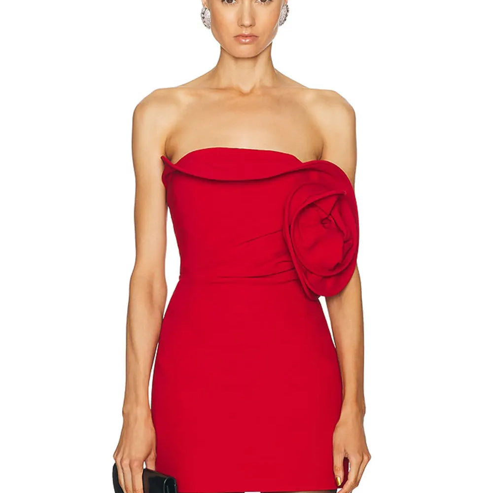 2024 Sexy Women 3D Flower Design Christmas Dress Strapless Sleeveless Bodycon Bareback Mini Dress Cocktail Evening Party Vestido