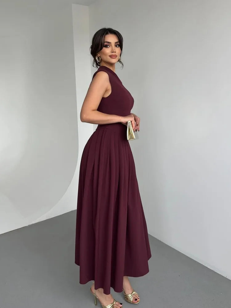 Chic Off Shoulder Irregular Neck Women's Dress Elegant High Waist A-line Hem Pleated Midi Dresses New Summer Lady Commuting Robe
