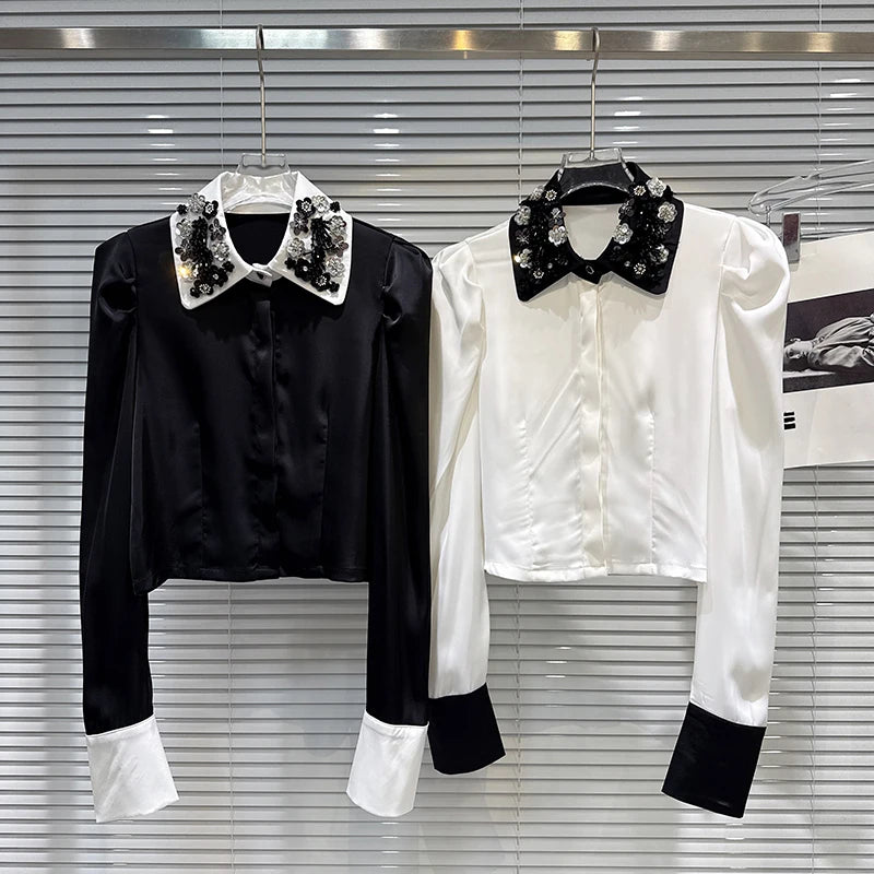 Winter New Elegant Fashion Sequin Embroidery Flower Collar Contrast Heavy Industry Shirt For Women Casual Top 11A07560