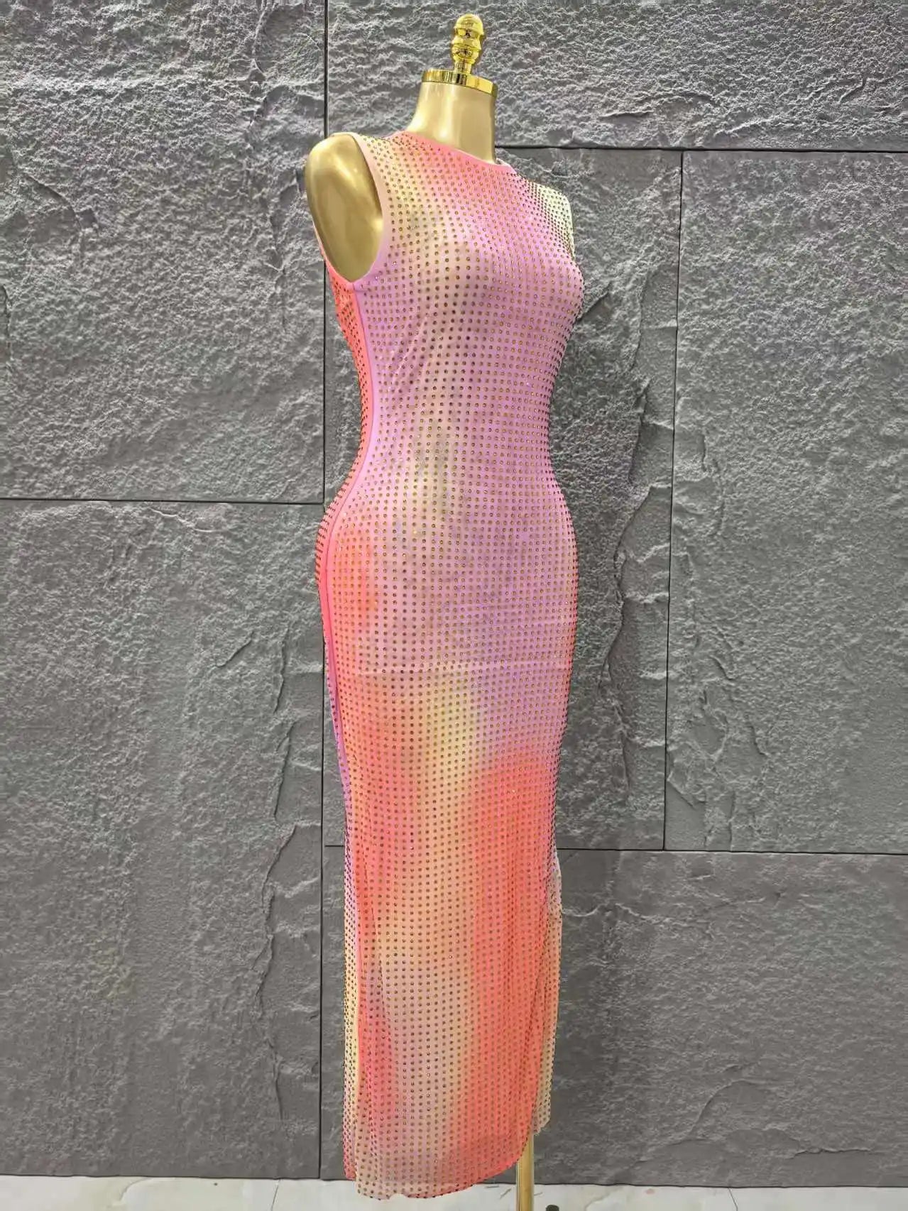 Shinning Rhinestones Women Sleeveless Sexy O-Mecl Bodycon Long Dress Mesh High Stretch Celebrate Evening Party Cocktail Dress