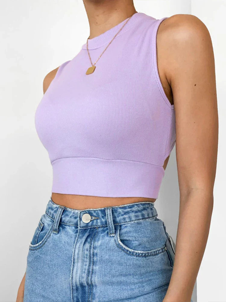 Sexy backless women tank top bandage slim crop top summer casual streetwear tops solid cotton soft criss cross top PURPLE