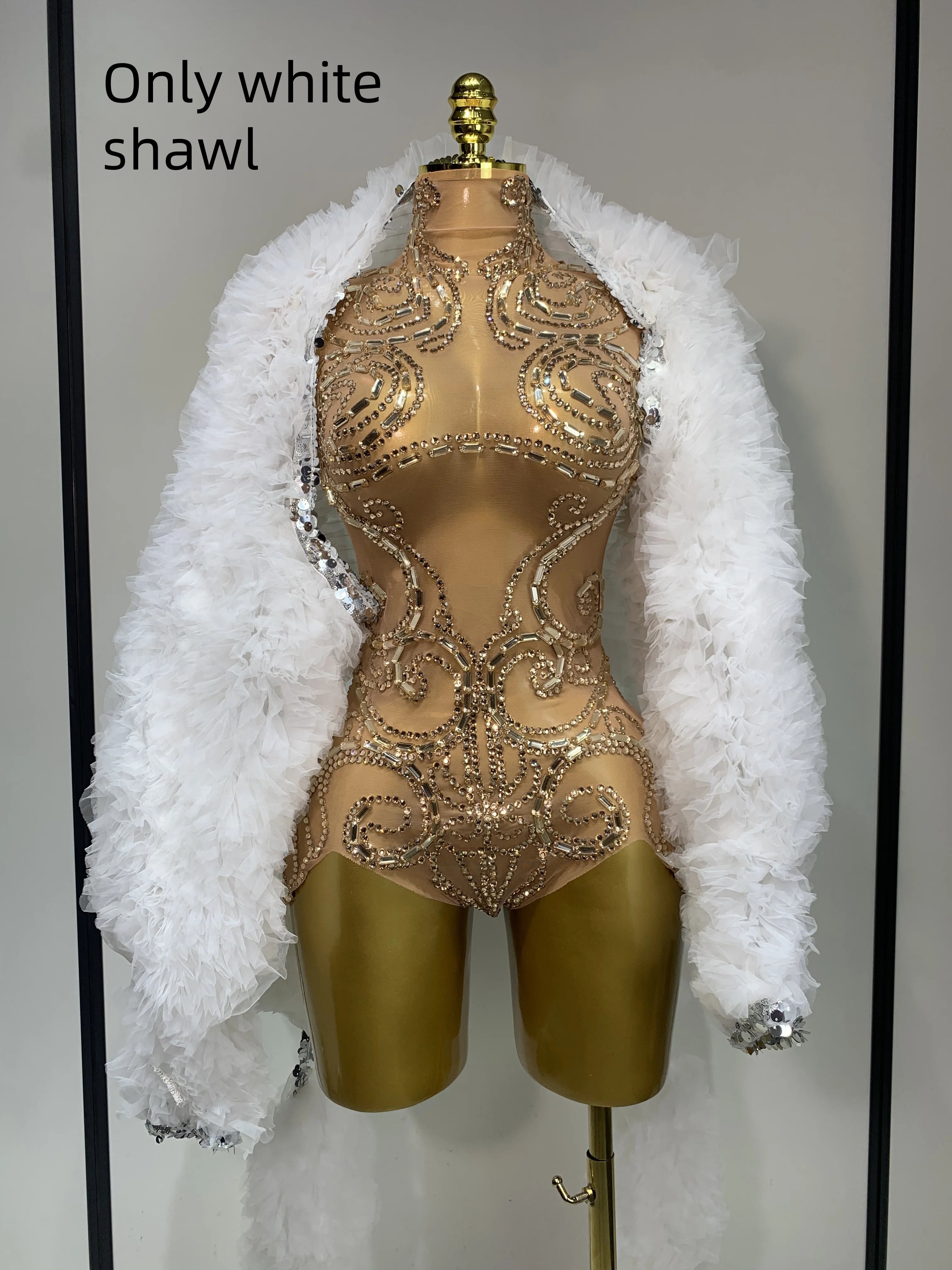 Shining Rhinestone Bodysuit Sexy Mesh See Through Dancer Birthday Evening Party Celebrate Performance Nightclub Stage Outfit only white shawl
