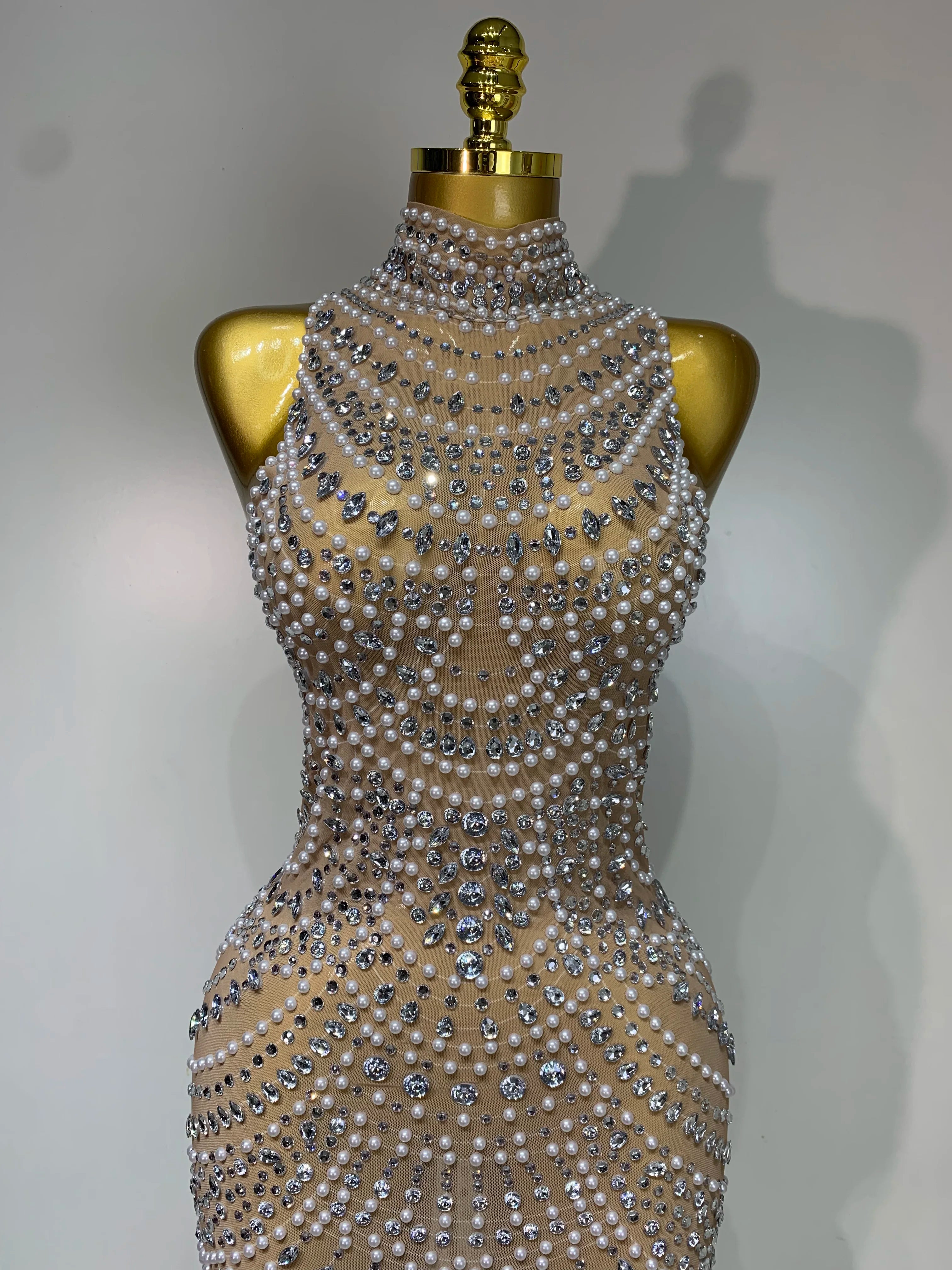 Elegant Sexy Sparkly Pearl Rhinestone Sleeveless Long Dress Women Birthday Party Evening Prom Wedding Luxury Photoshoot Outfits