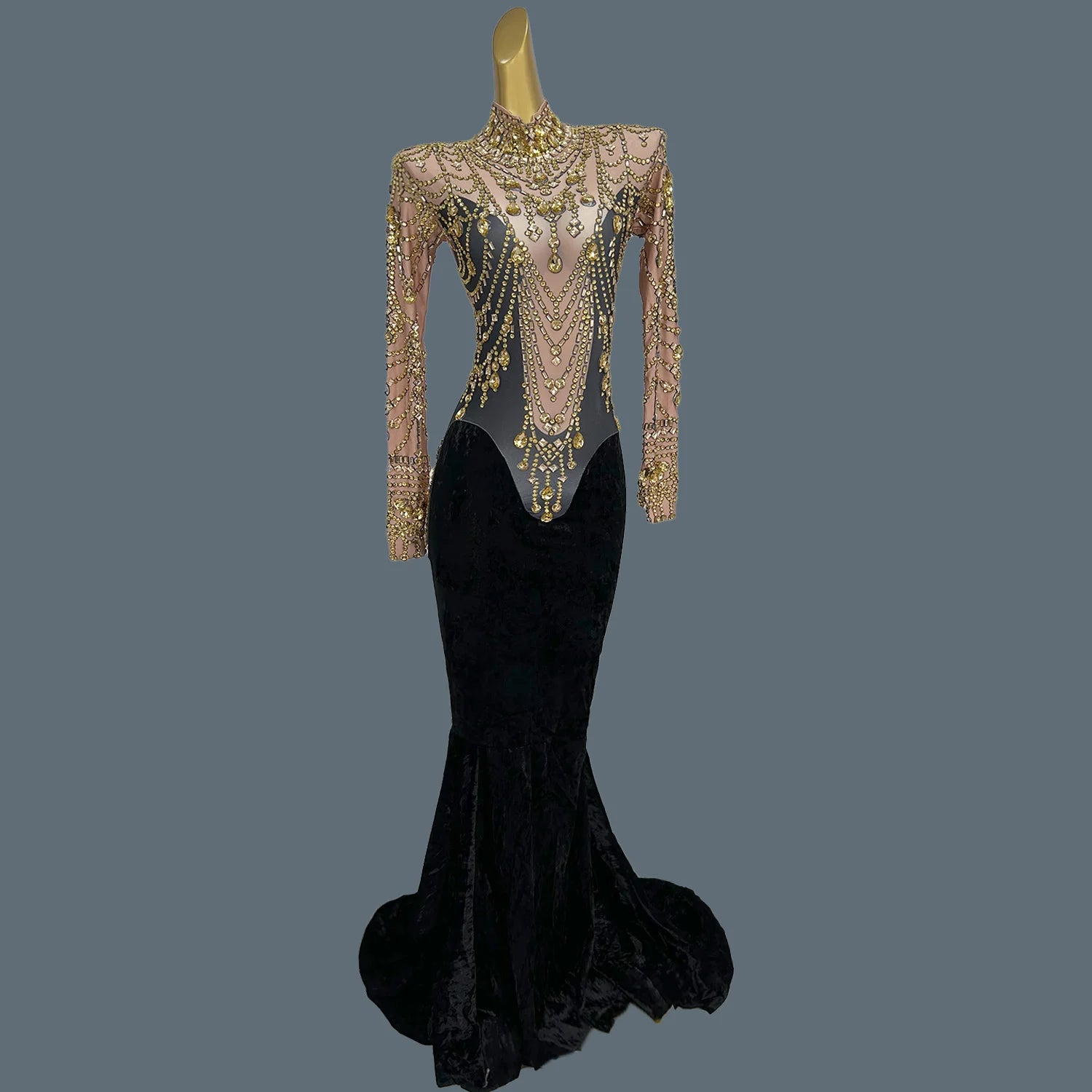 Elegant Gold Crystal Velvet Birthday Wedding Party Dress Ladies Trailing Ball Evening Gown Women Prom Mermaid Dresses Sirongqun Gold One Size