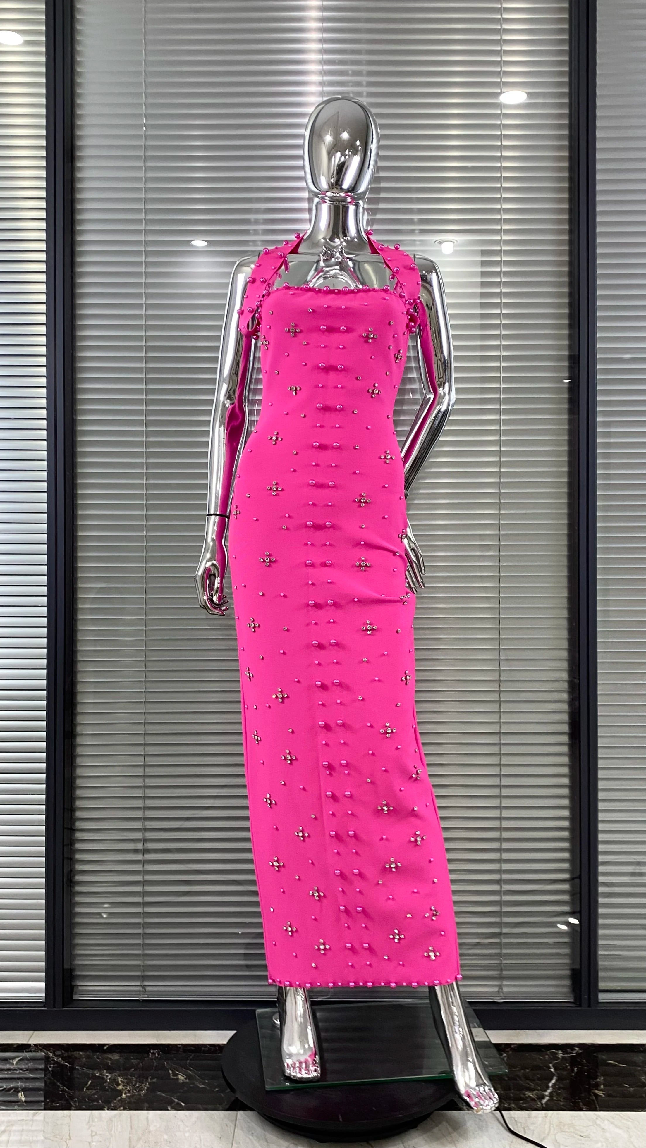 Luxury Shining Diamond Pearl Beading Halter Ankle Length Bandage Dress Elegant Woman Evening Party Vestido Birthday Party Outfit Rose Red