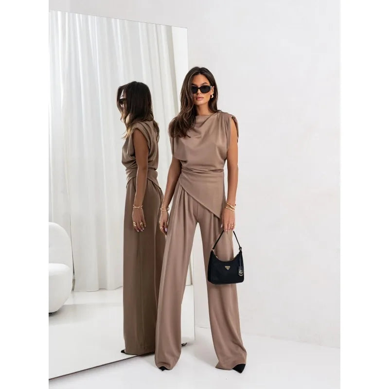 Plus Size New Women Fashion Solid Color O Neck Sleeveless Top + Pants Suit Khaki