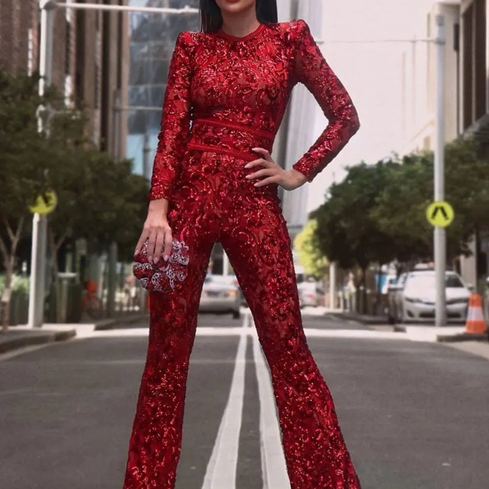 2025 Women'S Light Luxury Sequin Patchwork Bandage Jumpsuit O-Neck Long Sleeved Waistband Flared Jumpsuit Pants Party Jumpsuit