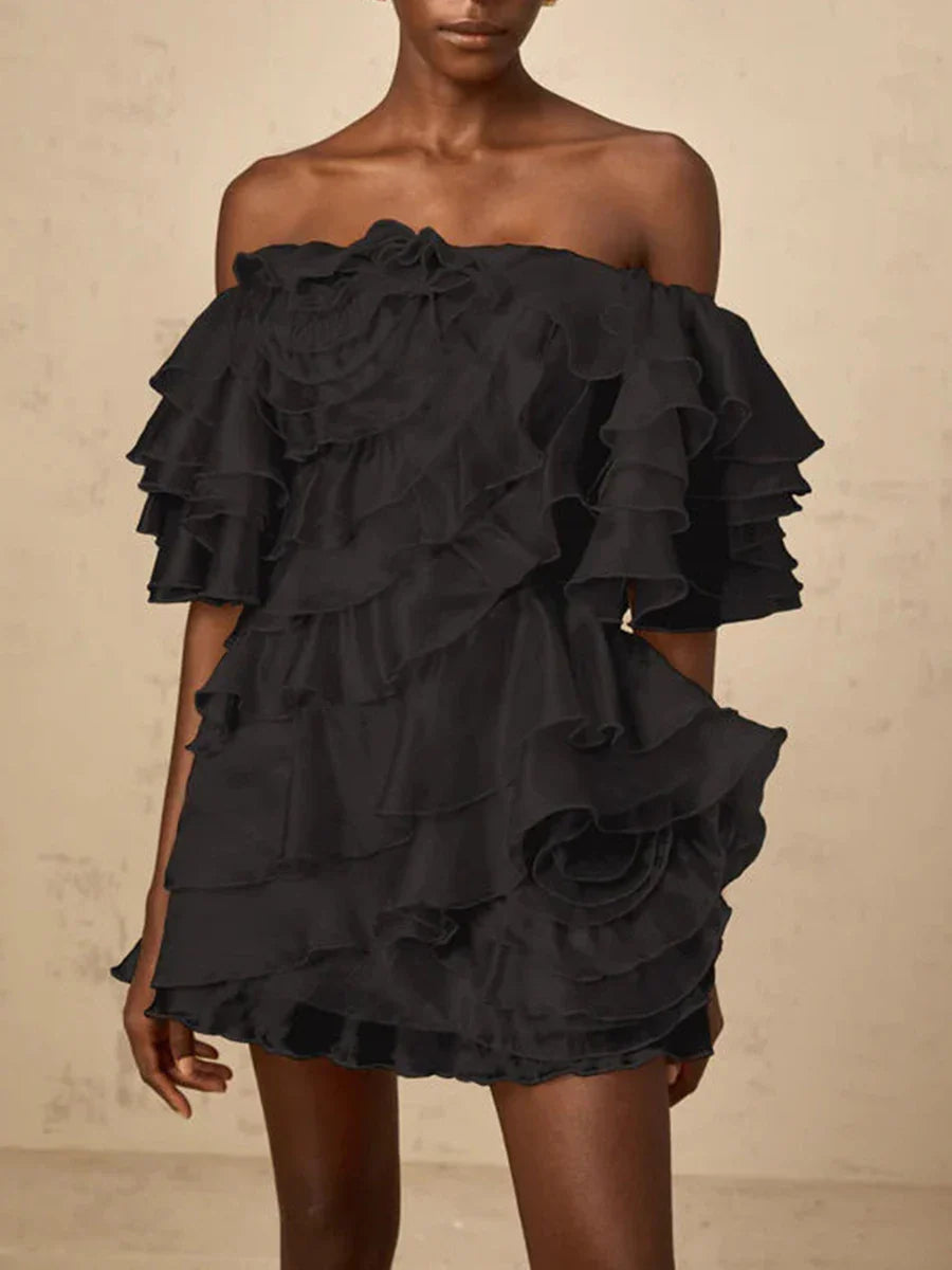 Solid Slimming Spliced 3D Flowers Mini Dresses for Women Slash Neck Off Shoulder Patchwork Ruffles Dress Female New BLACK
