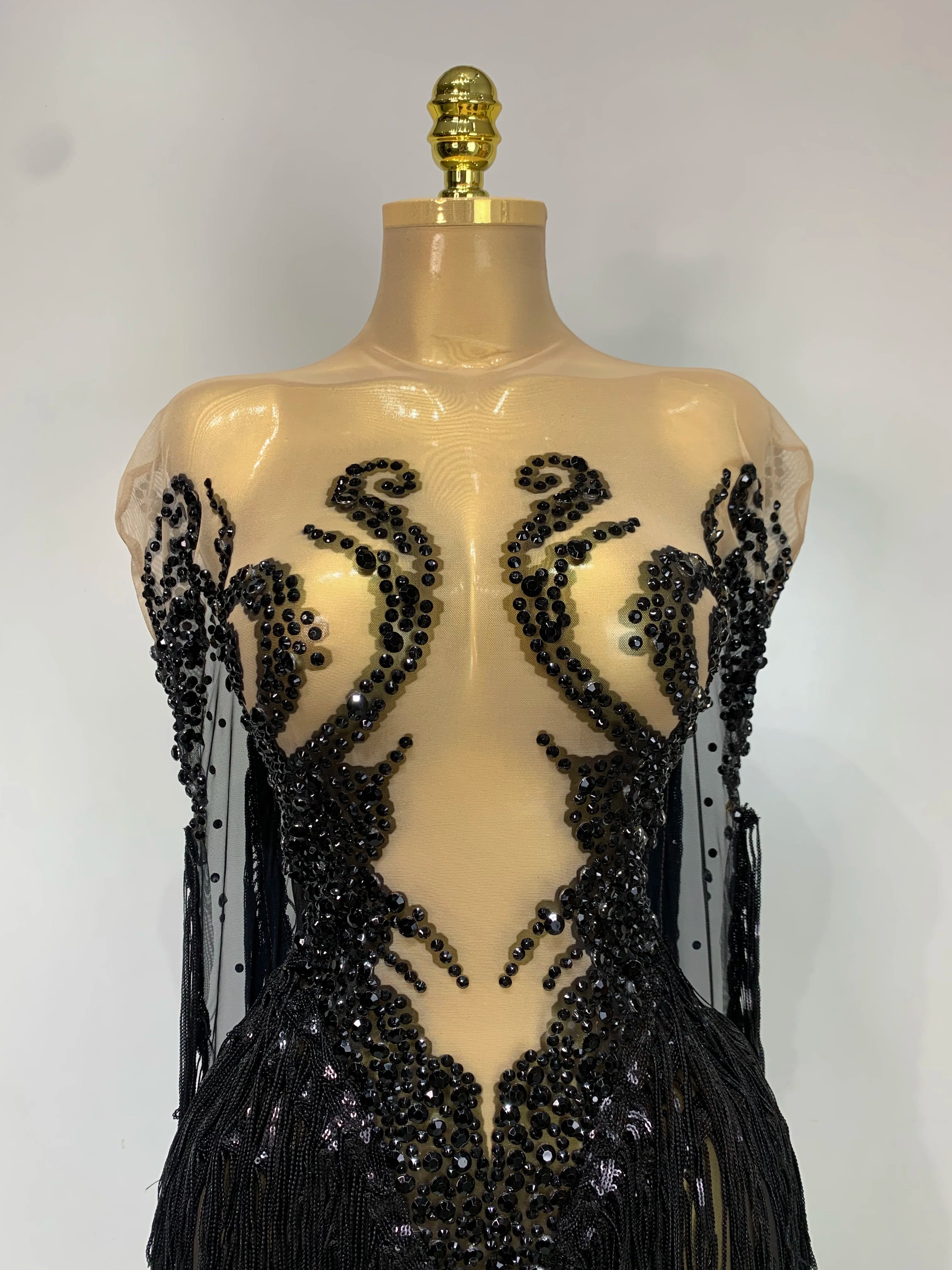 Sexy Sparkly Rhinestone Sequins Tassel Mesh Transparent Dress Women Evening Birthday Party Nightclub Dance Singer Stage Outfit