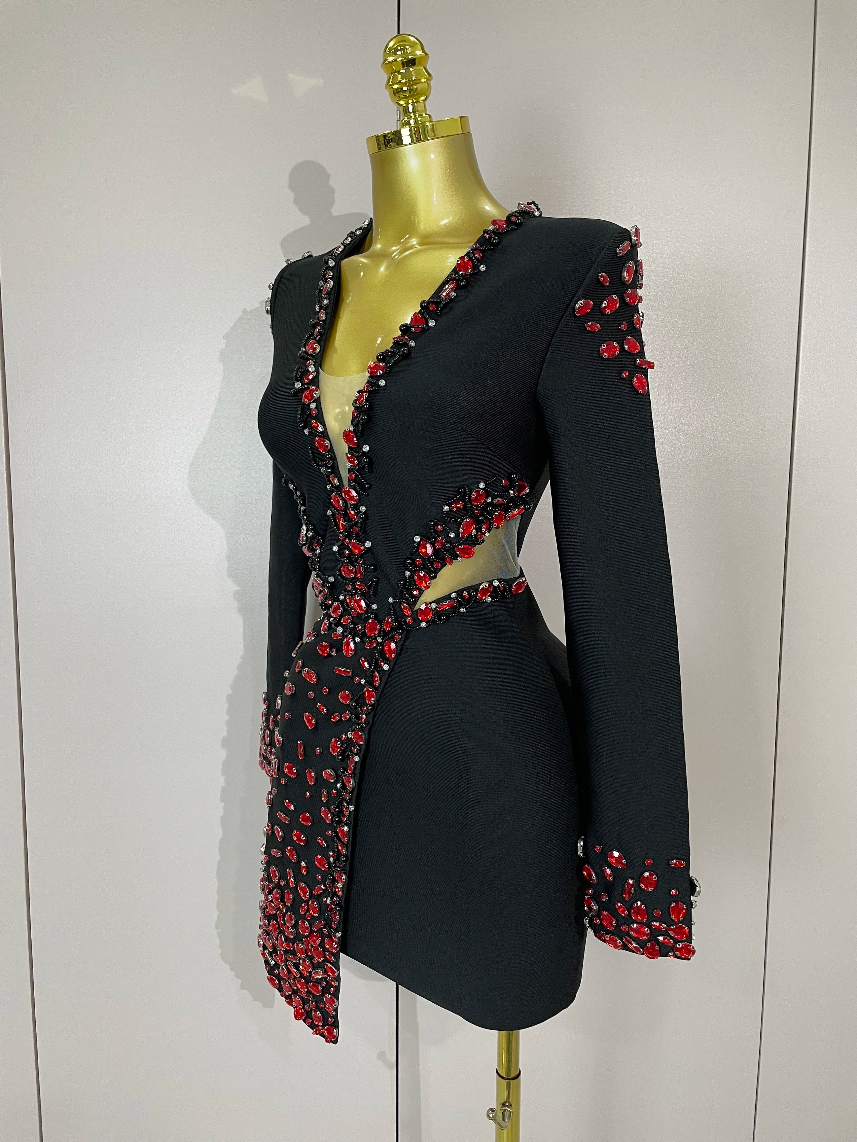 Women Celebrity Sexy Long Sleeve V Neck Rhinestone Black Bandage Dress 2025 Elegant Evening Club Luxury Birthday Party Dresses