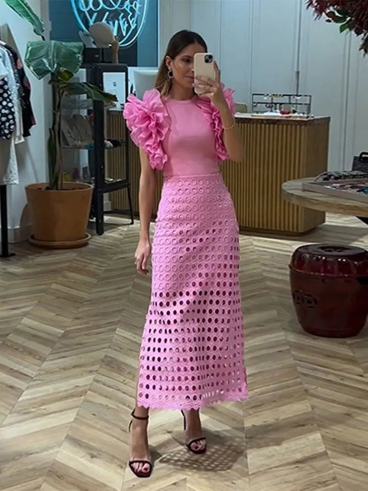 Women Elegant Pink Spliced Pleated Lace Midi Dress Chic Round Neck Sleeveless Hollow Out Robe New Lady Party Slim Vestidos Pink