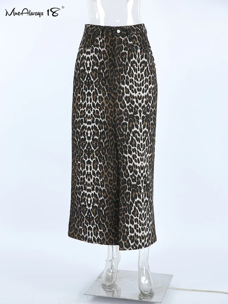 Mnealways18 Vintage Leopard Print Straight Skirts Female Street Chic High Waist Long Skirt Summer Office Split Skirt Cotton