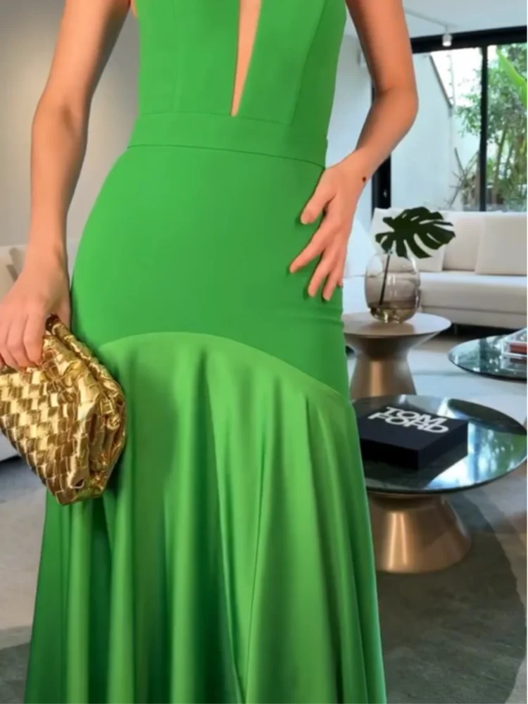 Elegant Green Patchwork Satin Long Dresses Women Fashion Off Shoulder Cut Out Pleated A-line Robe Lady Party Dresses 2025 Summer