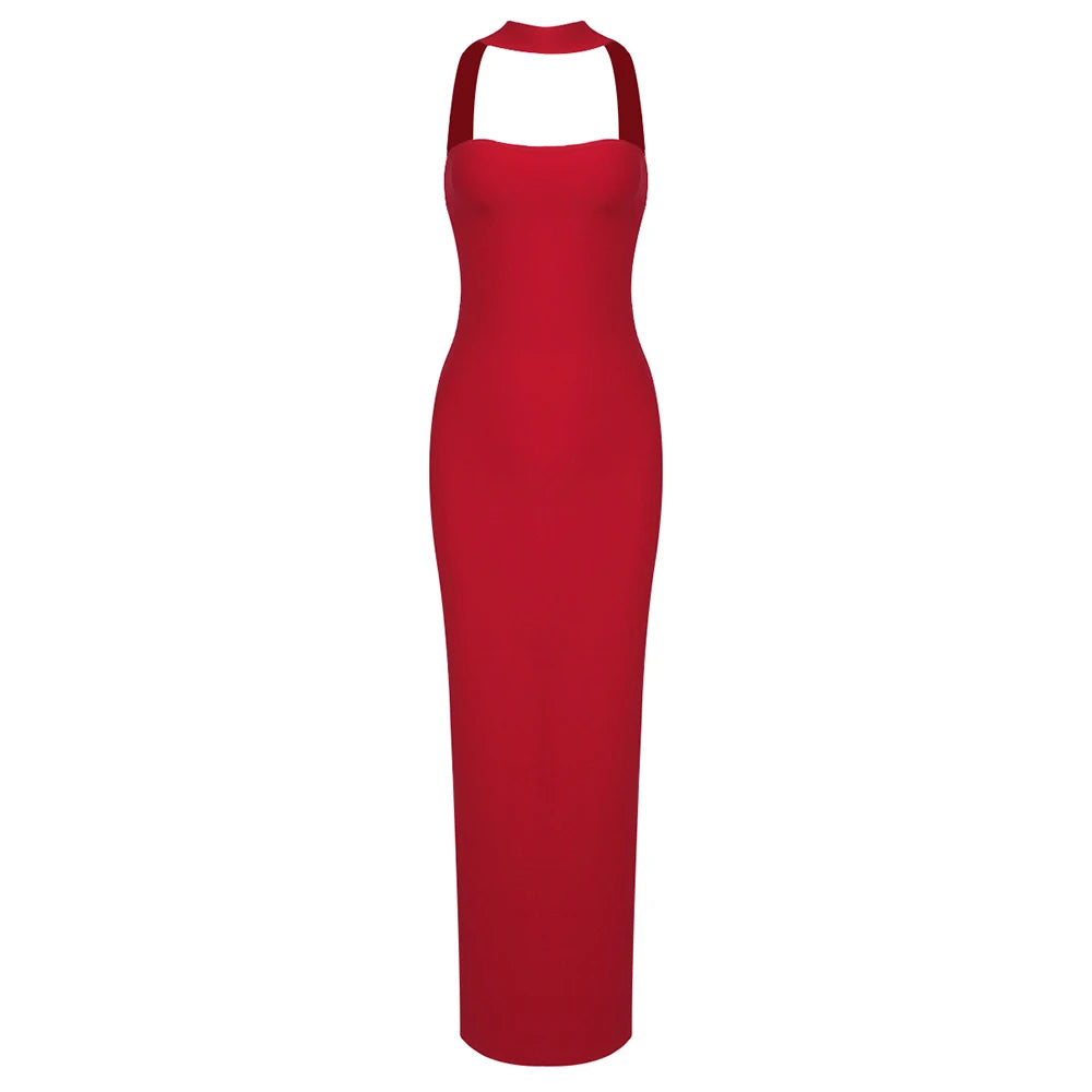 Backless Party Dress Elegant Halter Prom Dress with Back Split 2024 Summer New Slim Fit Maxi Bandage Dress Cocktail Dress red
