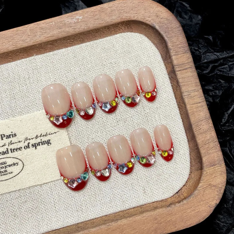 10Pcs Short Almond Handmade Press on Nails Cute Cat Eye 3D Red Bowtie Designs Finished Nail Polka Dot Lace Edge Oval False Nails