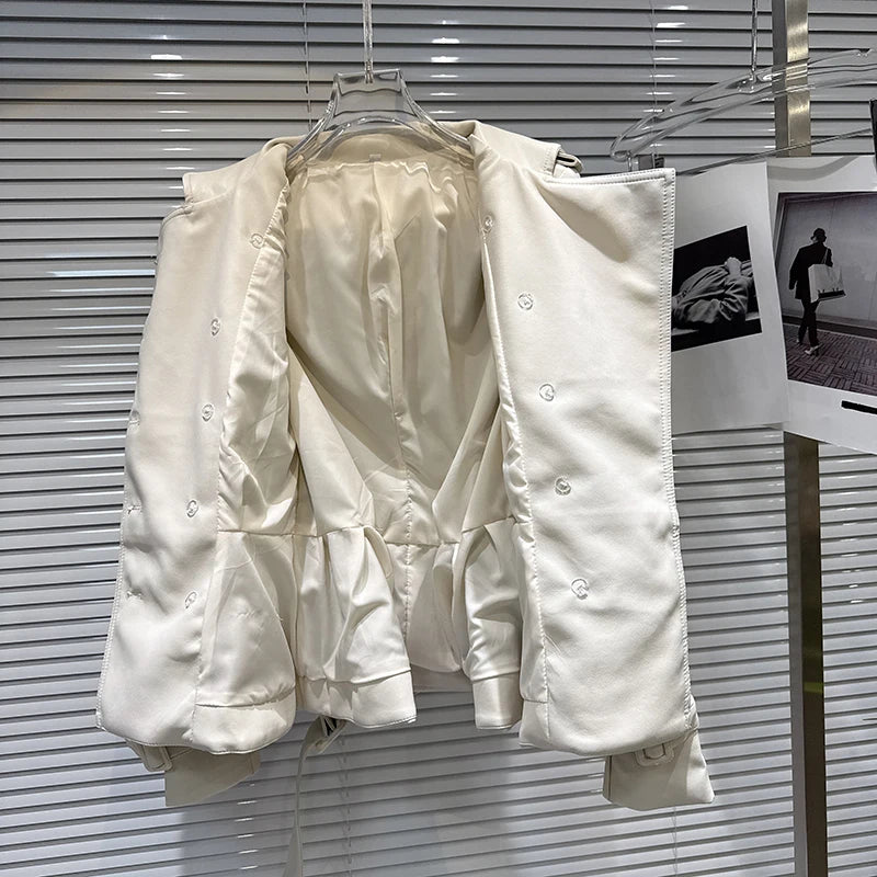 Winter New Fashion Style Double-Breasted Lace-Up Waist PU Leather Jacket For Women Elegant Windbreaker Female 11A07478