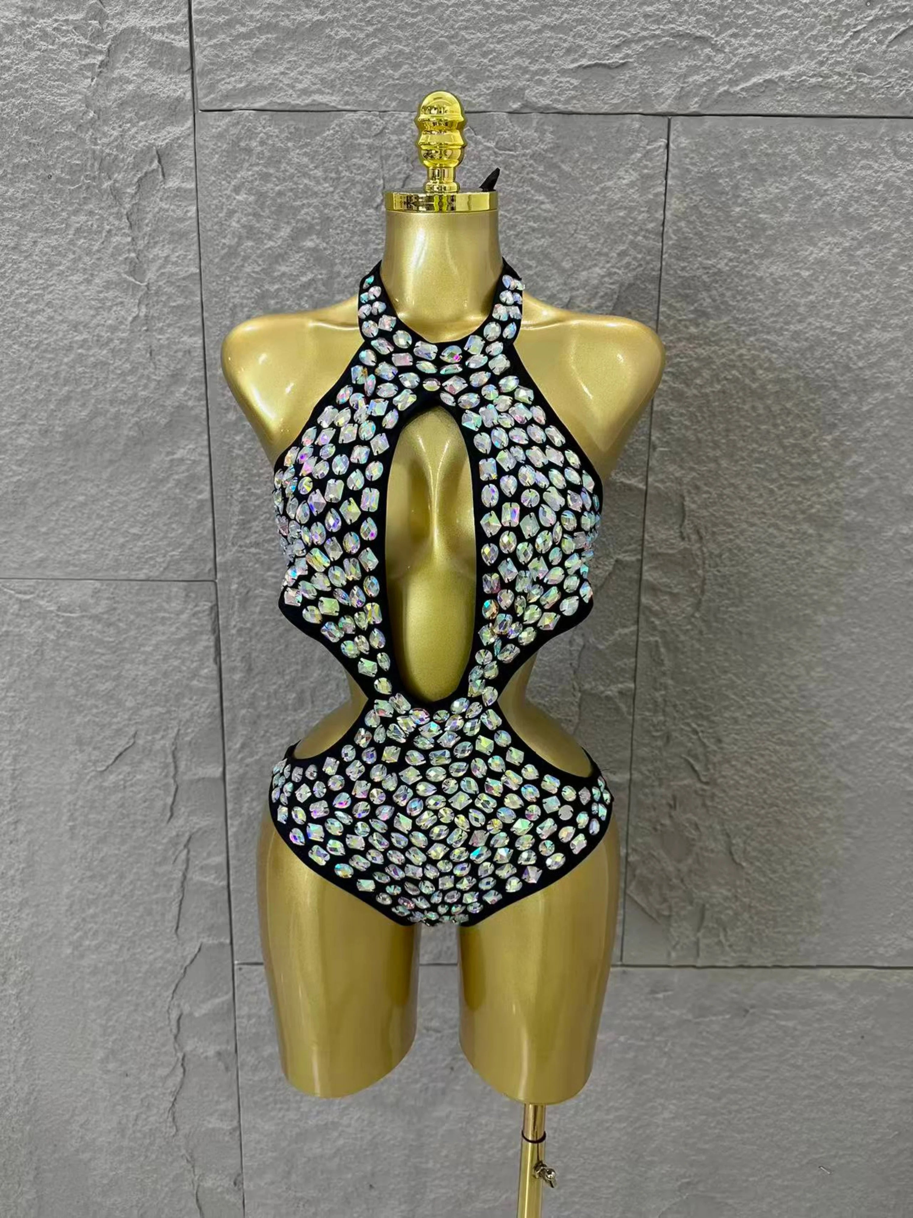 2026 Luxurious Black Bodysuit Women Sexy Halter Neck Iridescent Crystal Embellished Cutout Outfit Stage Performance Costume B