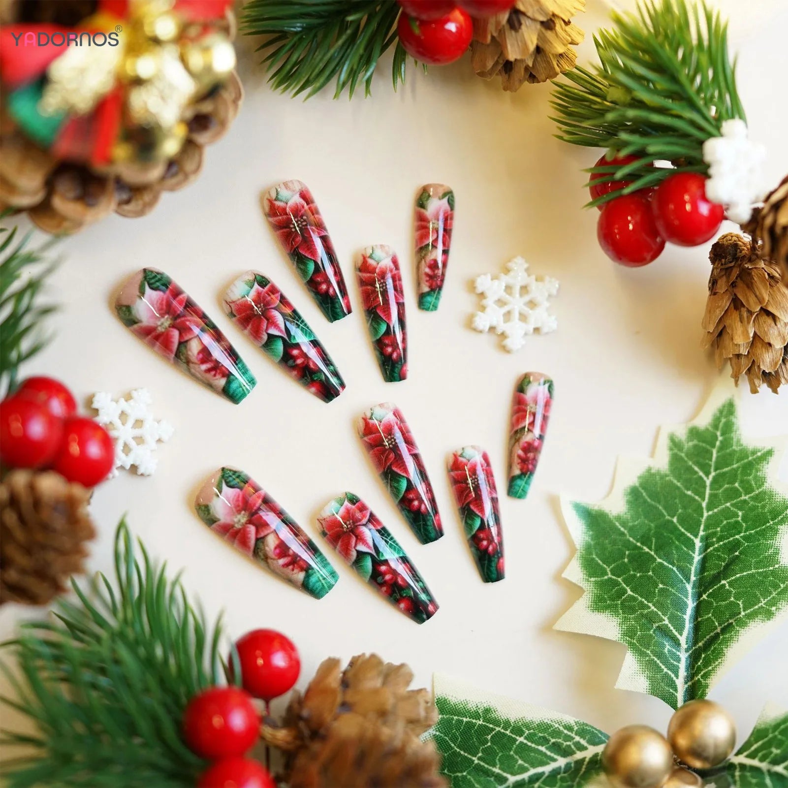 24Pcs Long Coffin Fake Nails Women Chriarmas Party Charm Manicure Full Cover Press On Nails Red Flower Printed Nails Supplies