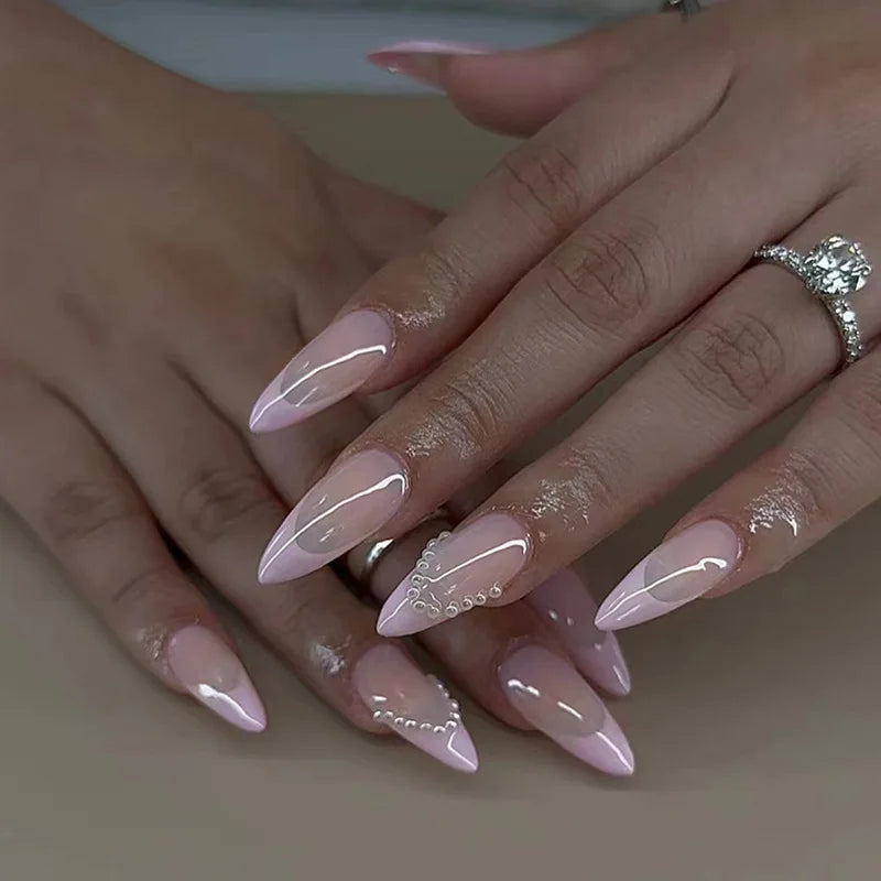 24Pcs Nude Pink Press on Fake Nails with Flower Design Short Almond French False Nails Golden Stripes Manicure Wearable Nail Tip 785