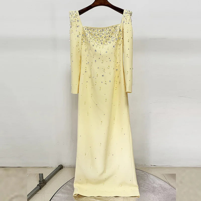 Solid Slimming Spliced Bead Luxurious Midi Dresses for Women Square Neck Long Sleeves Split Elegant Dress Female LIGHTYELLOW