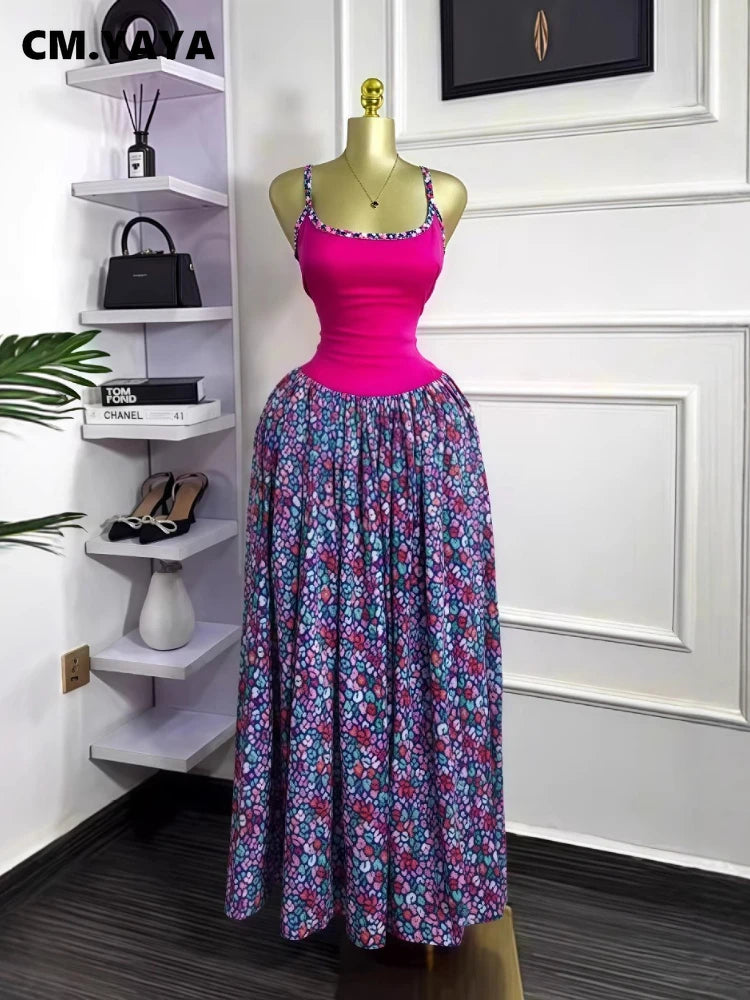 CM.YAYA Women Floral Printed Patchwork Strap Tank Maxi Long Dress 2025 Summer Beach Birthday Sexy Club Party Evening Dresses