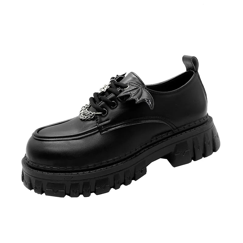 Punk Wind Fashion Single Shoes Autumn Devil Bat Wings Gothic Women's Shoes Thick Bottom Waterproof Platform Metal Chain Matte Black