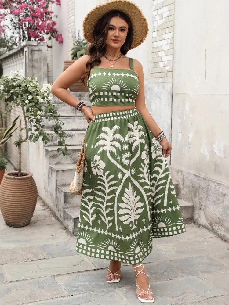 Plus Size Summer Floral 2 Two Piece Set Women Slim Ladies Cropped Sleeveless Slip Tops Ruffle Fashion High Waist Woman Skirts