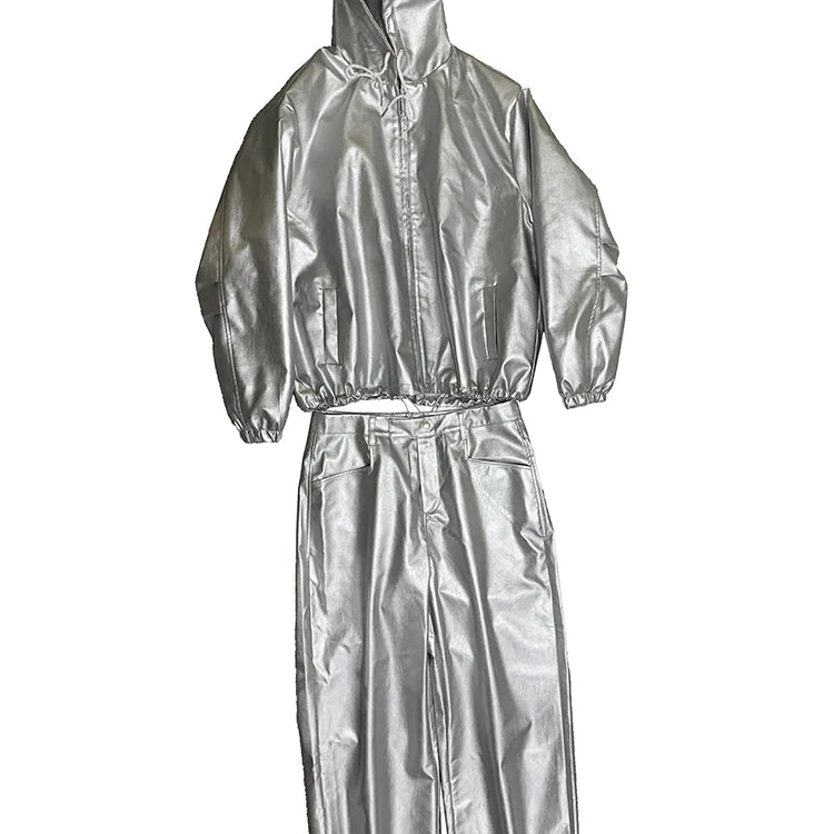 Lautaro Autumn Cool Silver Baggy Faux Leather Wide Leg Pants for Men Trousers Loose Casual Luxury Mens Designer European Clothes