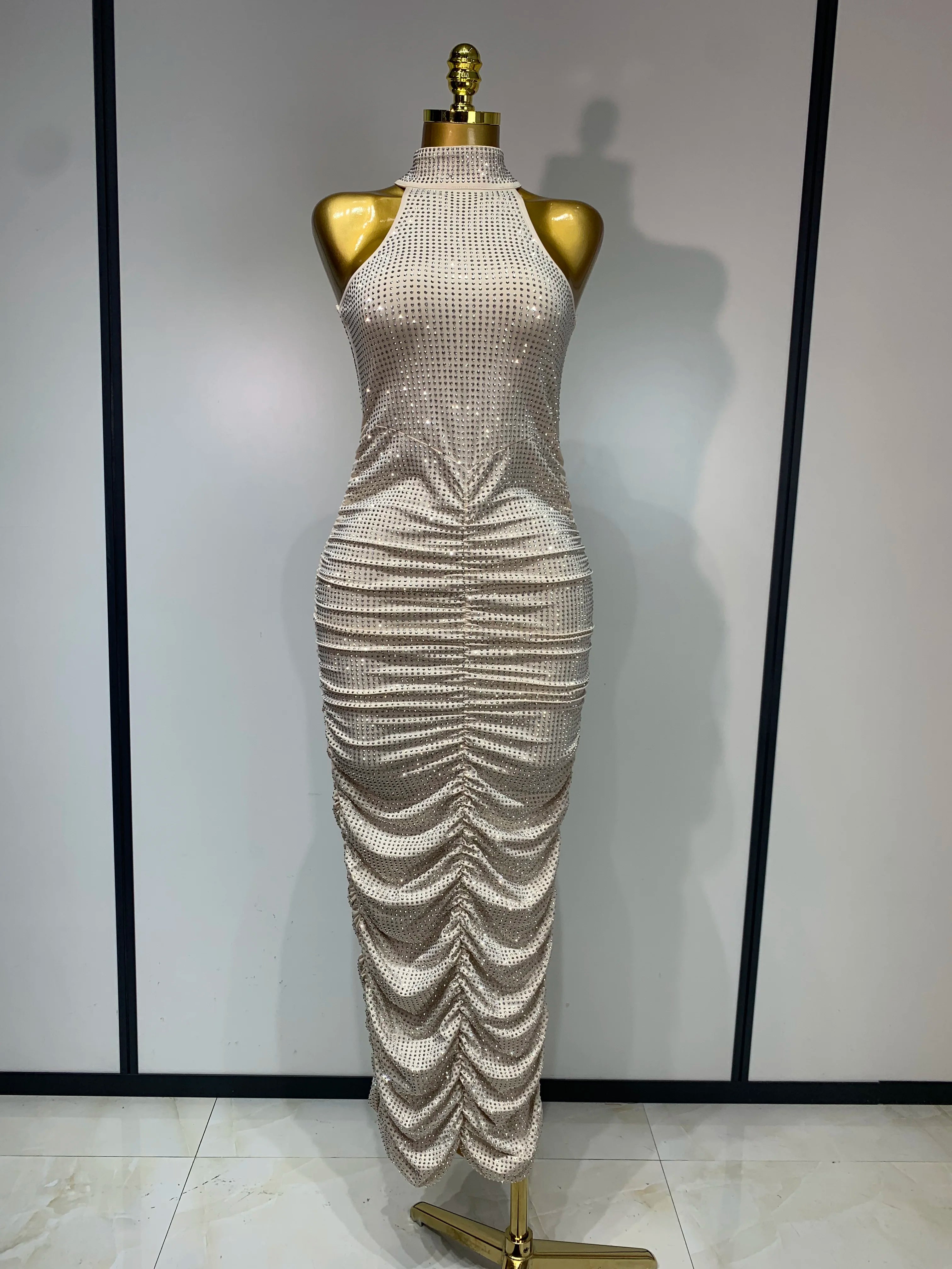 Women Sexy Backless Sleeveless Sparkly Diamonds Dress Slim Formal Elegant Celebrity Cocktail Party Luxury Birthday Gown Vestido Beige