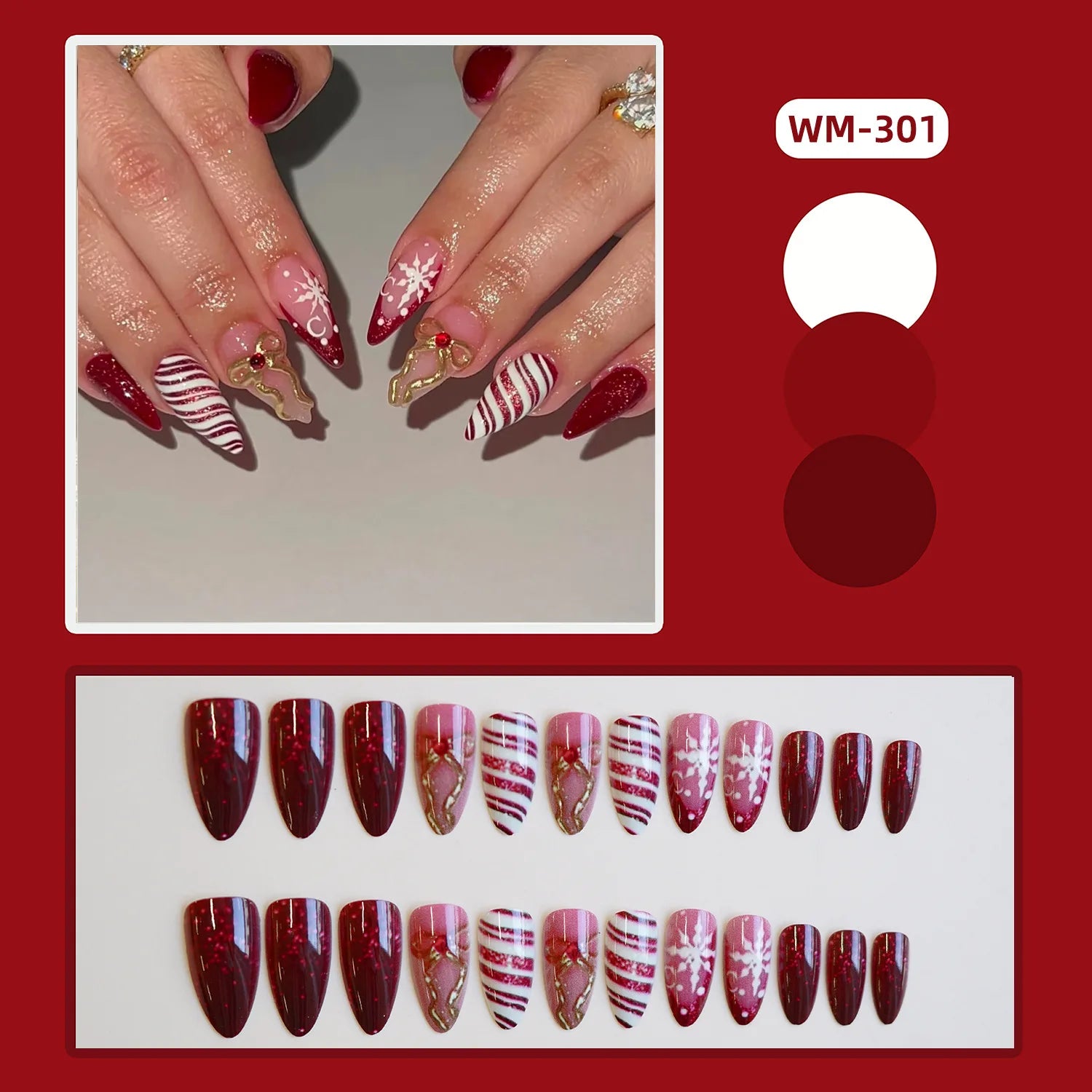 24pcs Cute Santa Claus Press on Nails Christmas Tree Gingerbread Man Fake Nails Sweet Red Almond False Nails New Year Xmas Gift 2