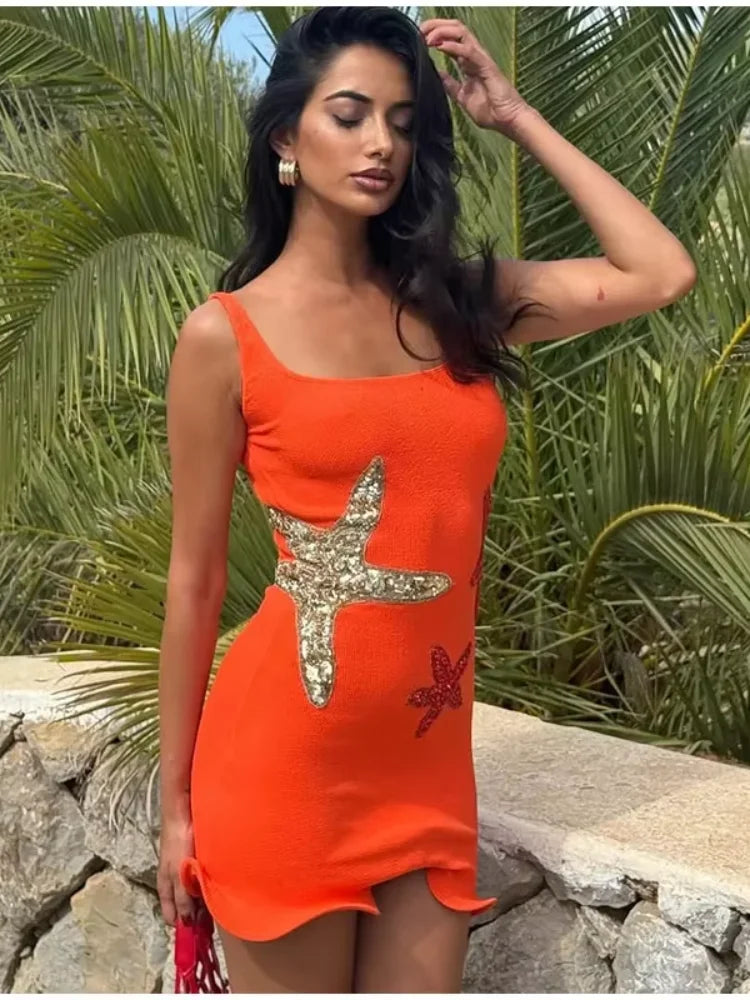 Chic Blue Sparkling Star Printed Ruffle Mini Dresses Lady Elegant Sleeveless Backless Pleated Knit Prom Dresses Beach Vestidos Orange