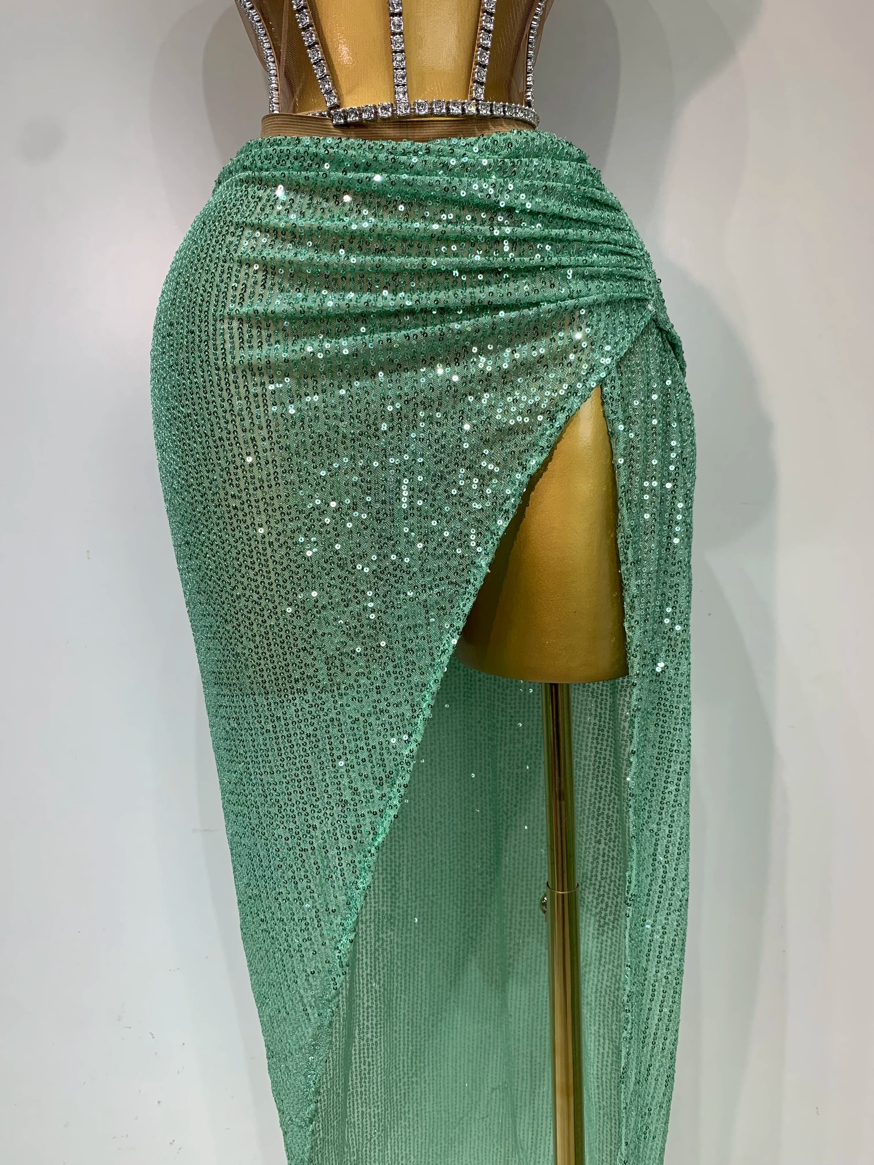 Women Sexy Nightclub Skirt Sets Strapless Diamonds Sequines Two Piece Sets Gogo Performance Outfit Evening Party Birthday Dress