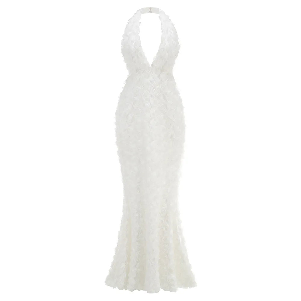 White Color Women Sexy Halter Backless Full Florals Bodycon Long Mermaid Dress Celebrate Wedding Party Birthday Fashion Outfit