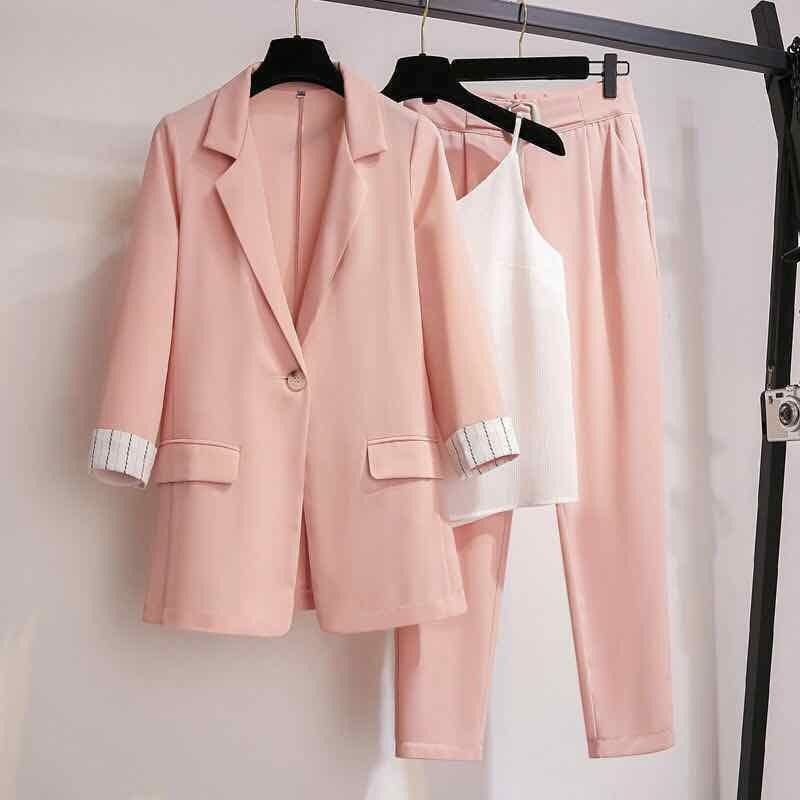 Women's Professional Wear Spring Fall New Suit Jacket Vest Pants Three-piece Korean Fashion Blazers Trousers Suspender Set