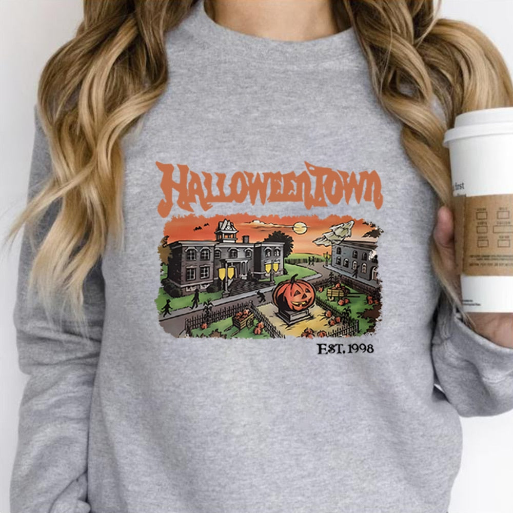 Retro HalloweenTown 1998 Crewneck Sweatshirt Halloween Shirt Funny Halloween Party Sweater Fall Pumpkin Tshirts Halloween Gift Gray