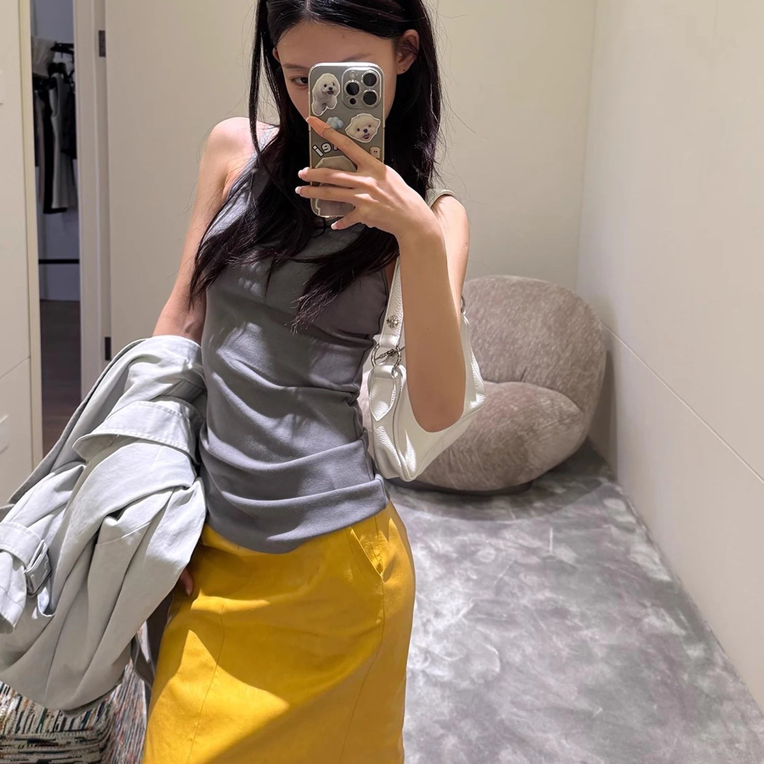 Lautaro Spring Autumn Shiny Reflective Yellow Patent Pu Leather Skirt Women with Back Slit Knee Length Luxury Designer Clothes