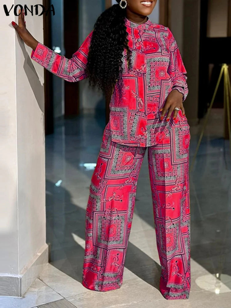 Plus Size VONDA Women Elegant Pant Sets 2025 Long Sleeve Printed Tops and Long Trousers Casual Streetwear Matching Sets Pink