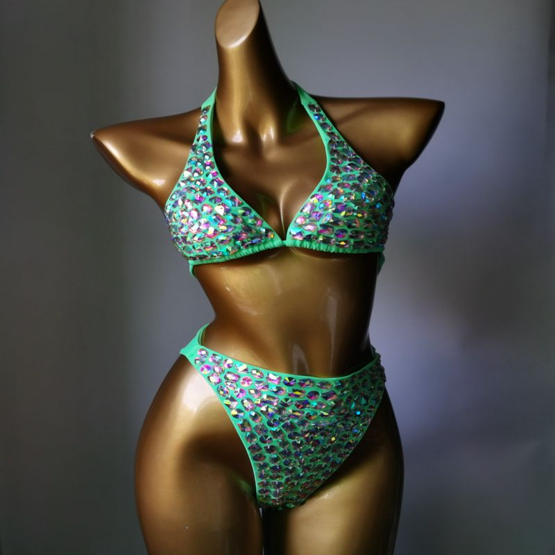 Push Up Gathered Sexy Women's Swimsuit Luxury Rhinestone Crystal Diamond Bikini High Waist Halter Straps Swimwear Turquoise